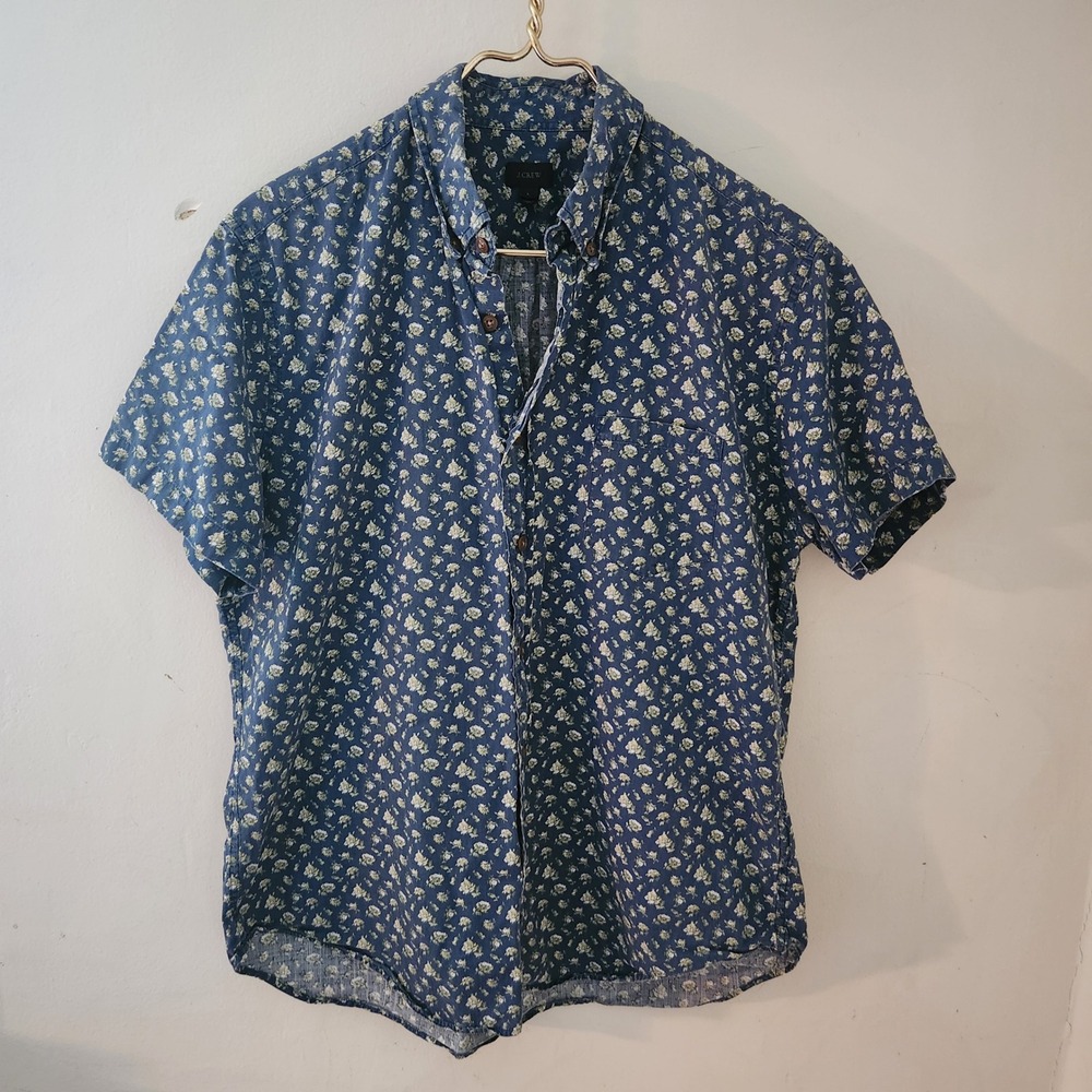 J.Crew Mens Large Navy Blue Floral Short Sleeve Cotton Button Down Shirt L